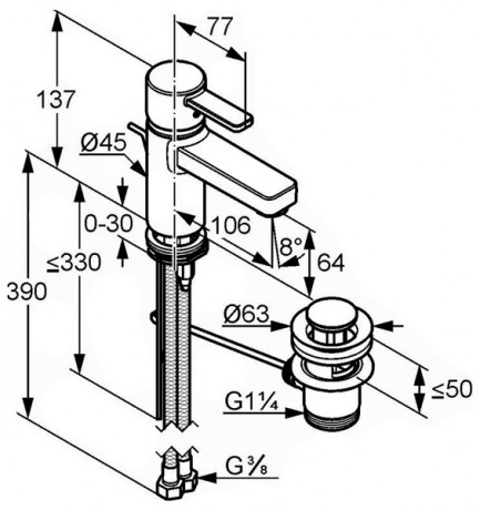 Смеситель KLUDI ZENTA 382509175 для раковины на одно отверстие однорычажный с донным клапаном