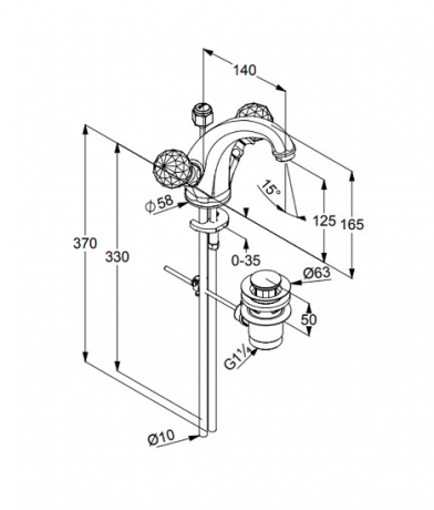 Смеситель KLUDI ADLON 5101005G5 для раковины на одно отверстие двухвентильный с донным клапаном хрустальные рукоятки «Made with Swarovski® Elements»