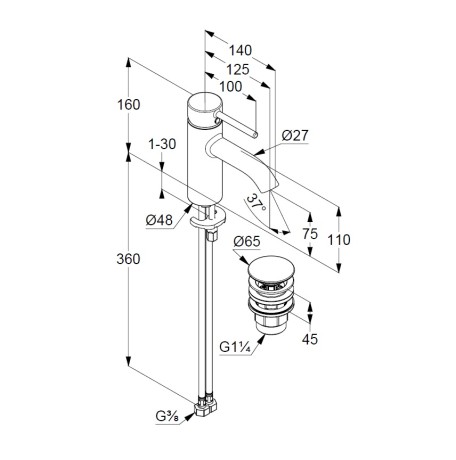 Смеситель KLUDI BOZZ 38266N576 для раковины на одно отверстие однорычажный с донным клапаном